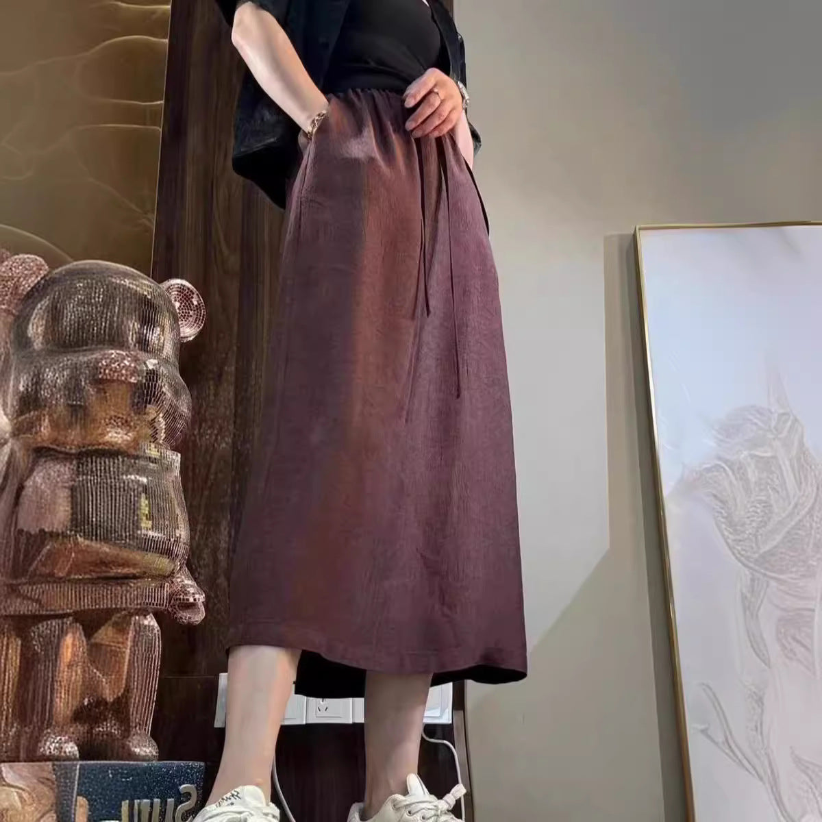 Satin A-Linien Jupe mit Taschen