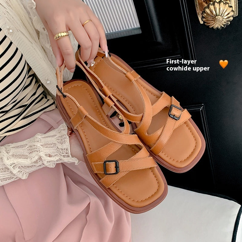 Retro Cross-Strap Sandalen aus echtem Leder – Bild 4 | LuxeStyle