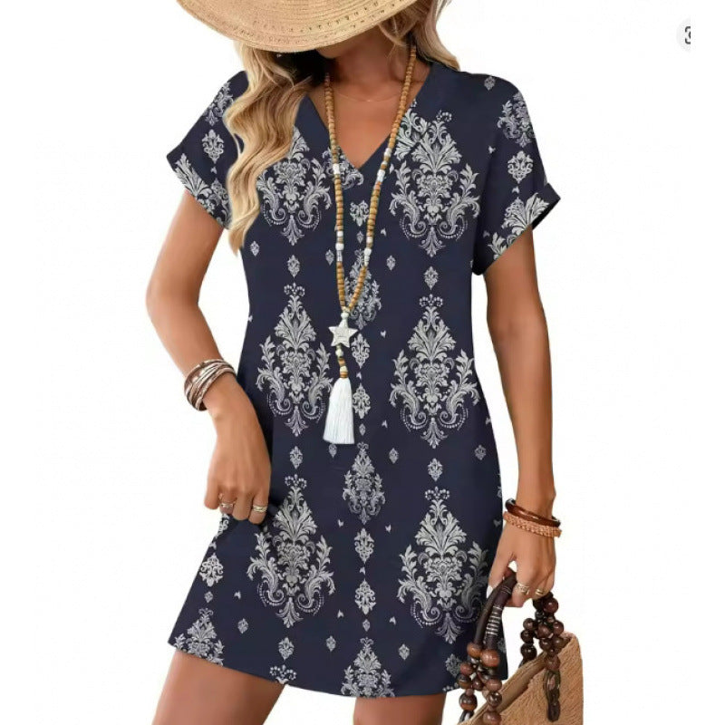 Bedrucktes V-Ausschnitt Kurzarmkleid im Street Style – Bild 9 | LuxeStyle