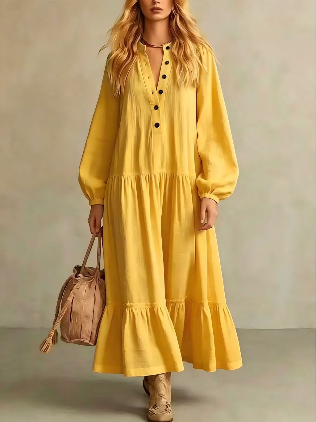 Langes Baumwoll-Leinenkleid mit Stehkragen – Bild 7 | LuxeStyle