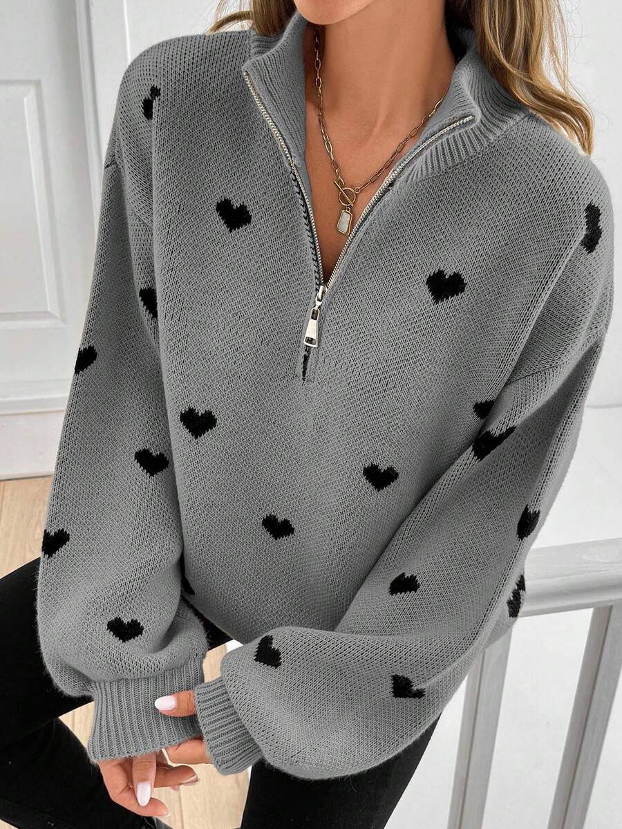 Damen Strickpullover mit Herzmuster-Reissverschluss
