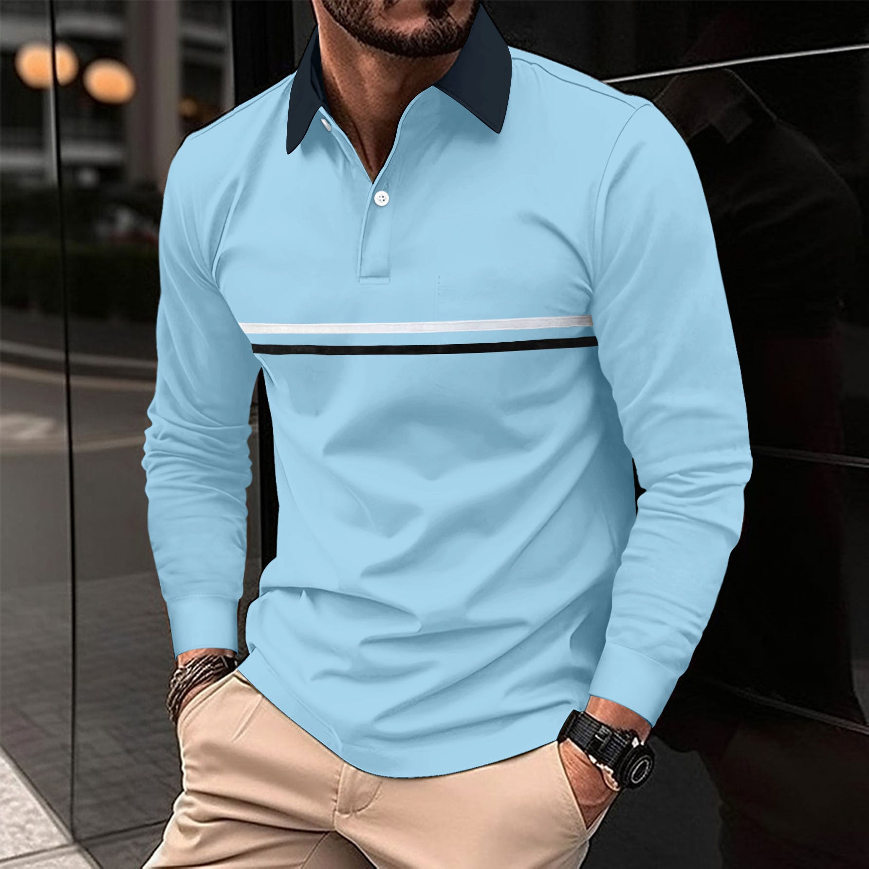 Herren Langarm Polo-Shirt mit Knopfleiste