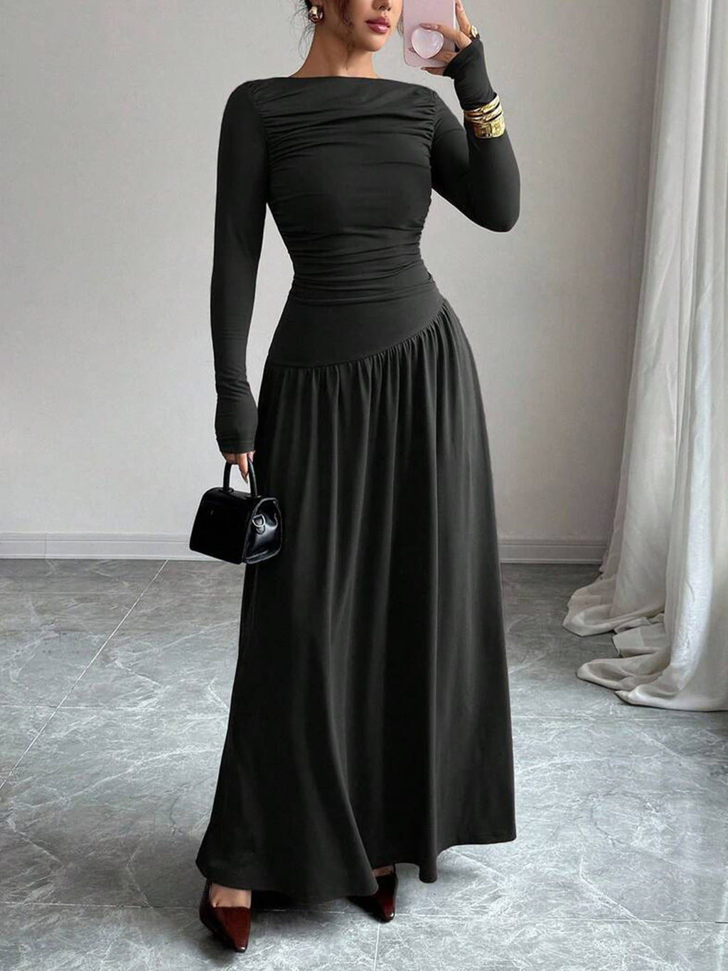 Langes Maxikleid mit hoher Taille und Off-Shoulder – Bild 11 | LuxeStyle
