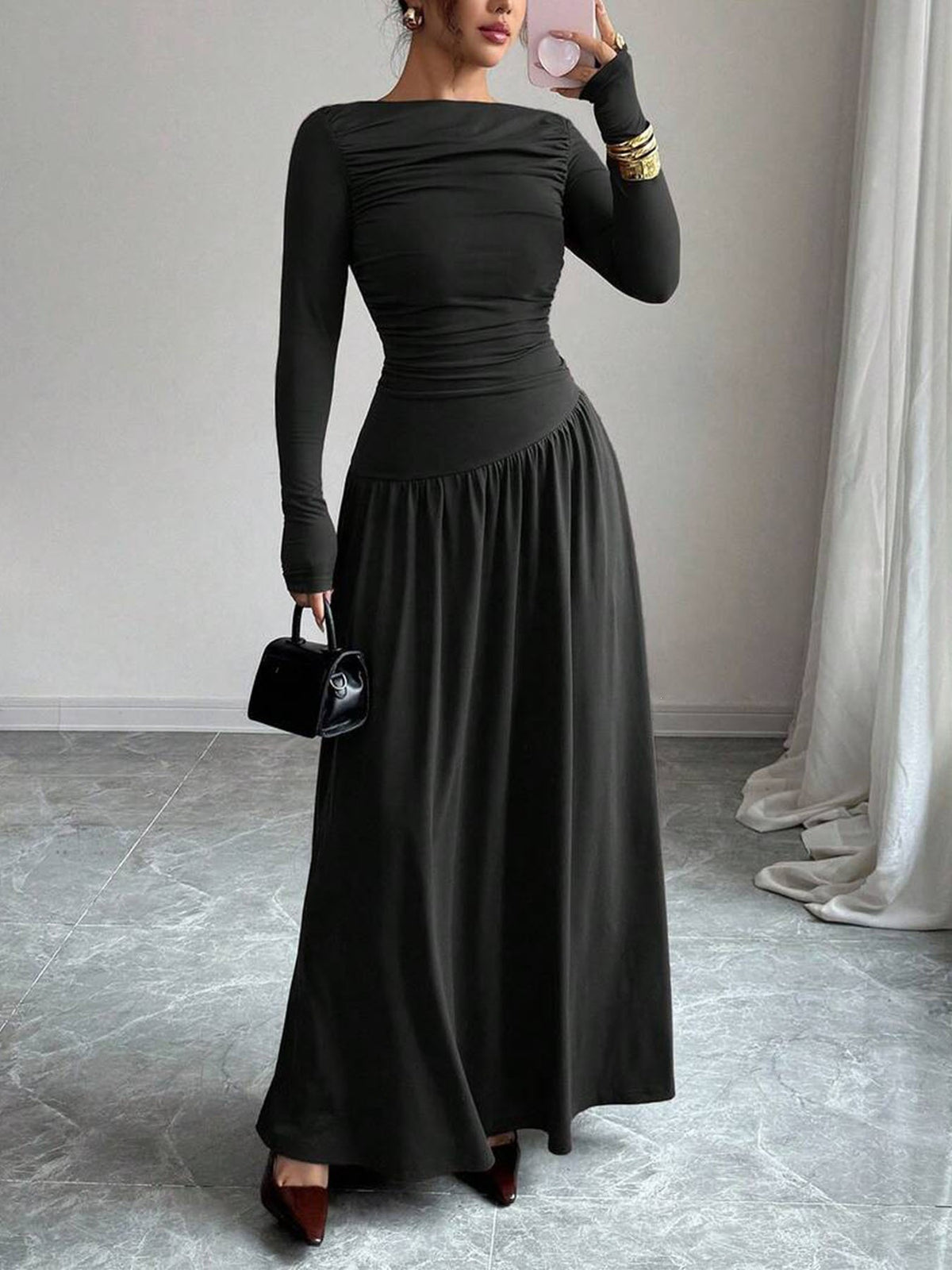 Langes Maxikleid mit hoher Taille und Off-Shoulder – Bild 11 | LuxeStyle