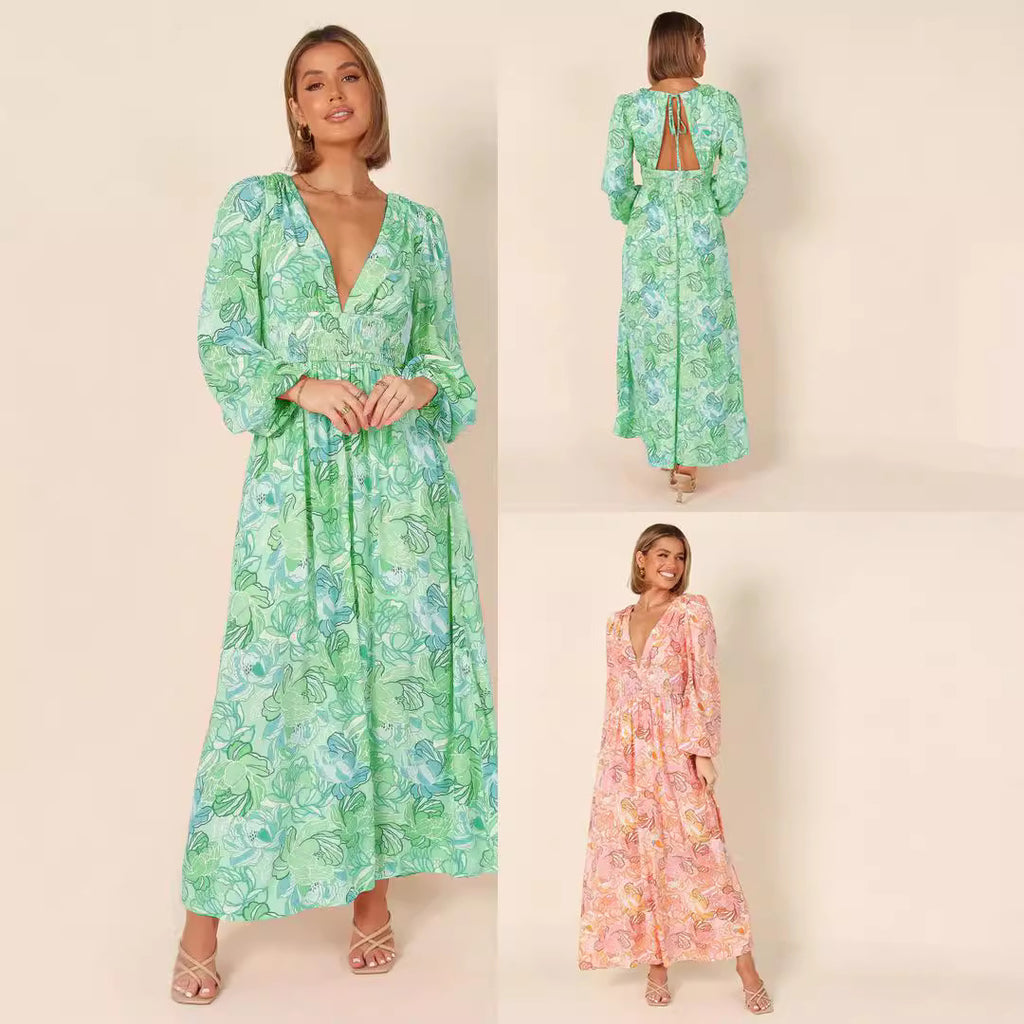 Bedrucktes rückenfreies V-Ausschnitt Langarm-Kleid – Bild 5 | LuxeStyle