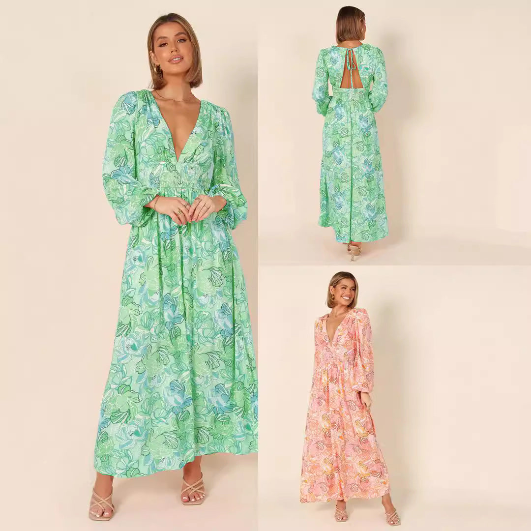 Bedrucktes rückenfreies V-Ausschnitt Langarm-Kleid – Bild 5 | LuxeStyle