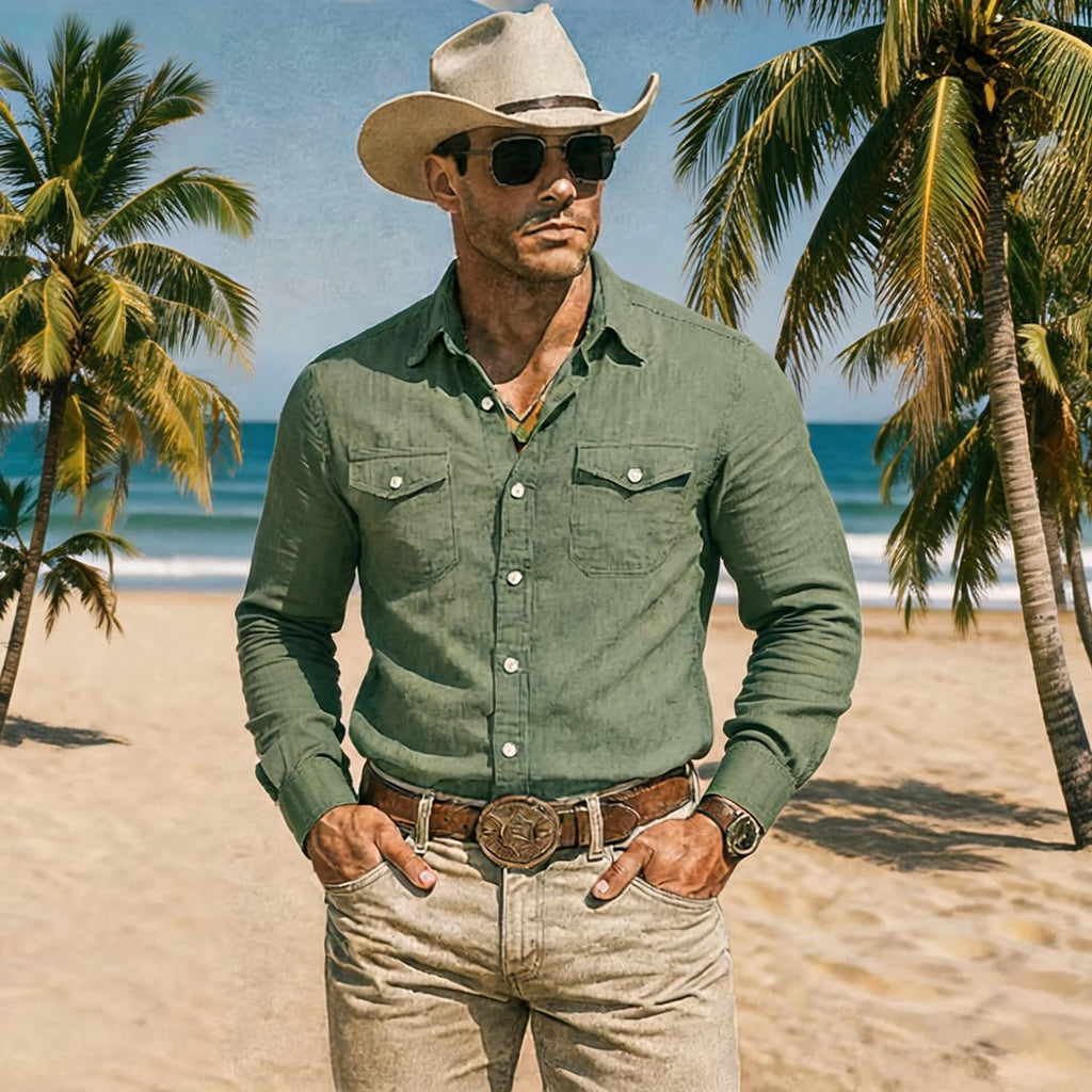 Herren Hemd Leinen-Optik Langarm Loose Fit