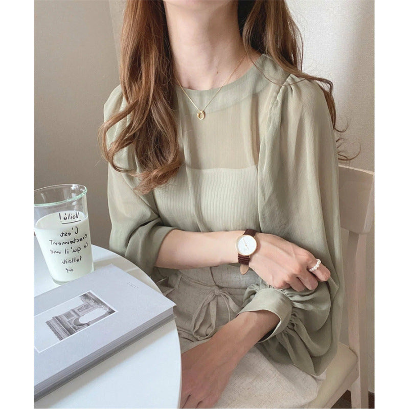 Chiffon-Top mit Puffärmeln und Streifen