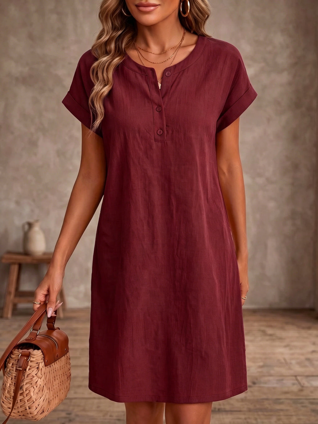 Loose Fit Midi-Kleid mit Rundhals und Knöpfen – Bild 9 | LuxeStyle