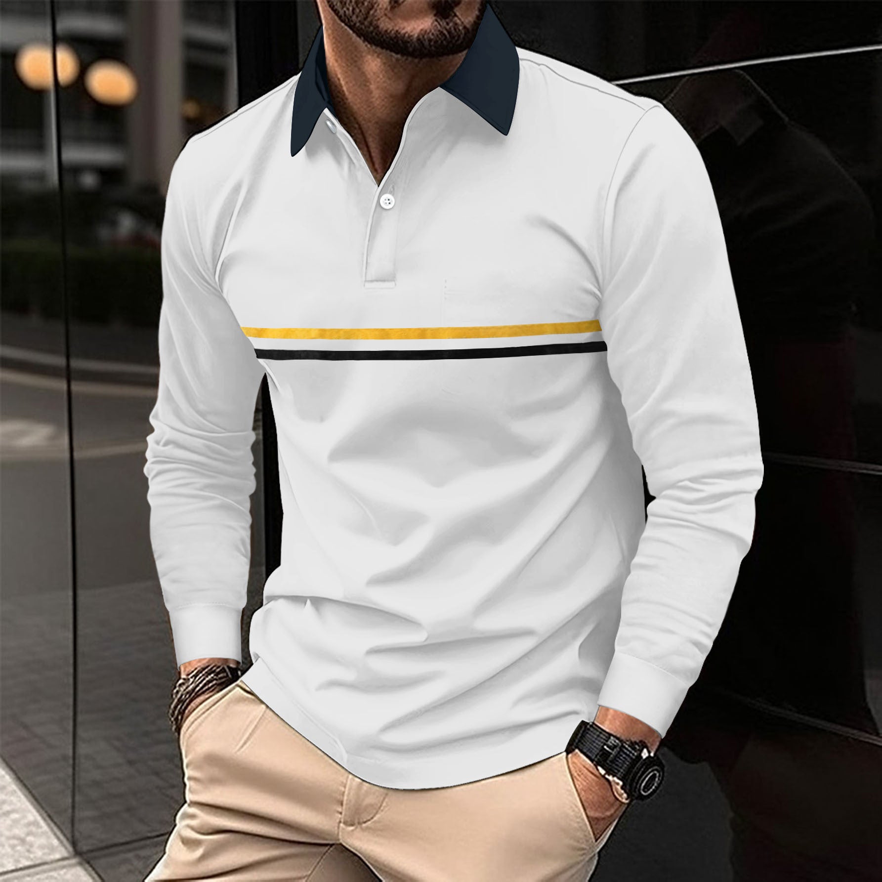 Herren Langarm Polo-Shirt mit Knopfleiste
