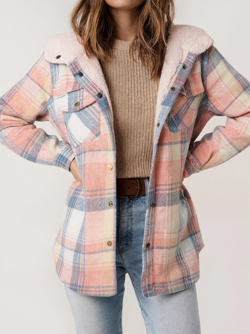Karierte Fleece-gefütterte Kapuzenjacke für Damen
