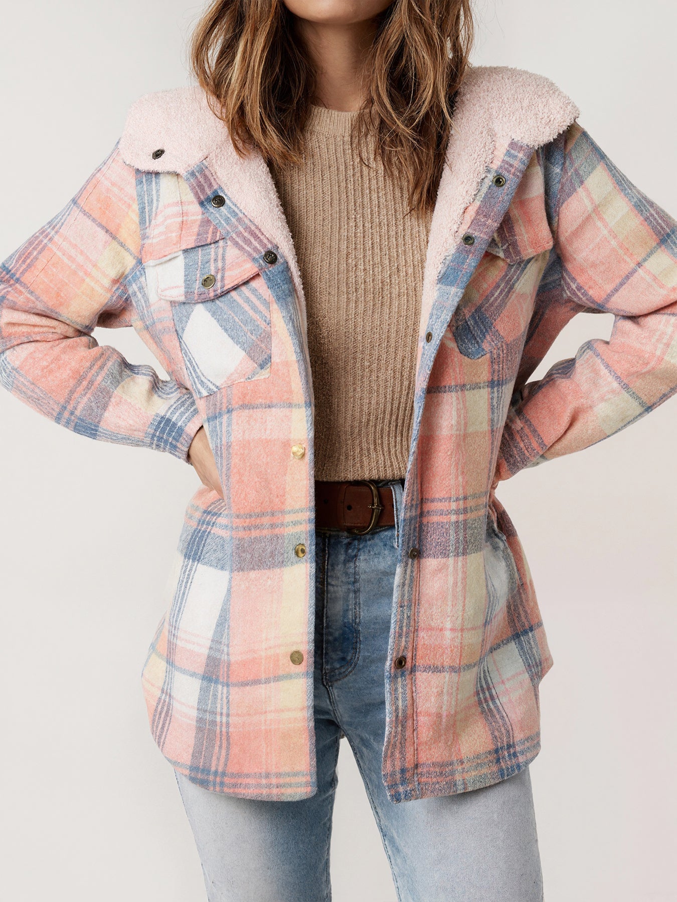 Karierte Fleece-gefütterte Kapuzenjacke für Damen