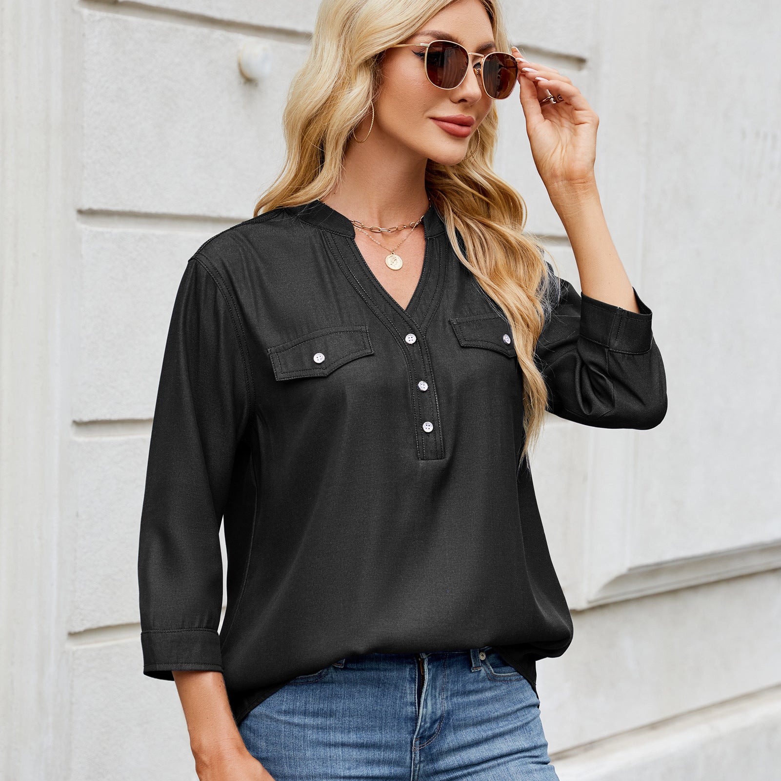 Lockere Faux-Denim-Bluse