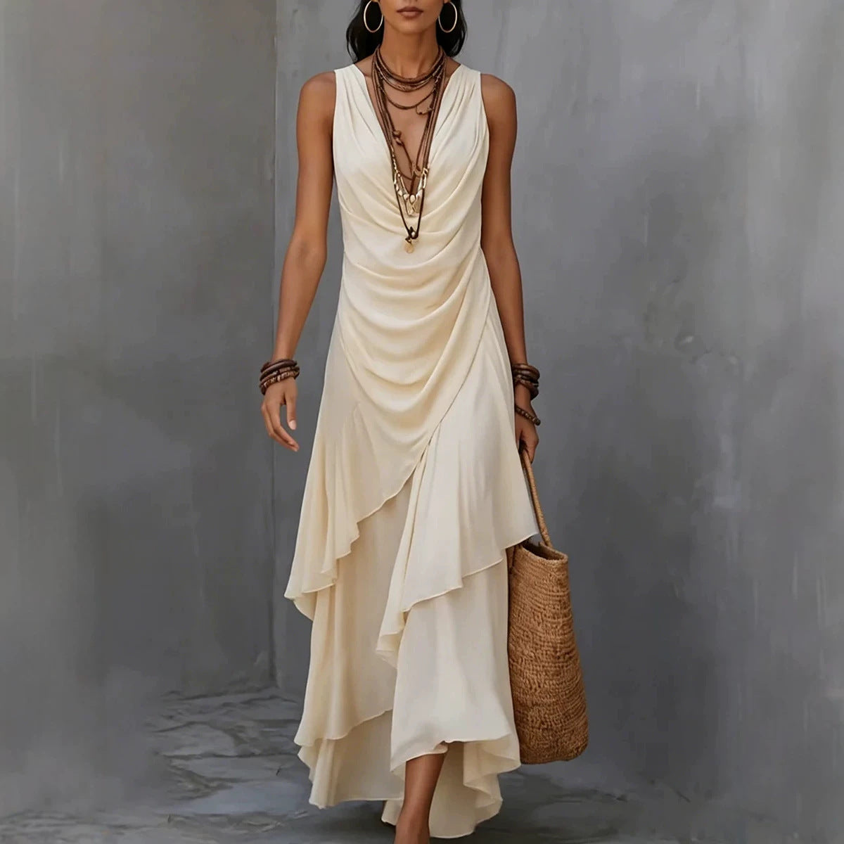Ärmelloses V-Ausschnitt-Kleid mit Stufenrock
