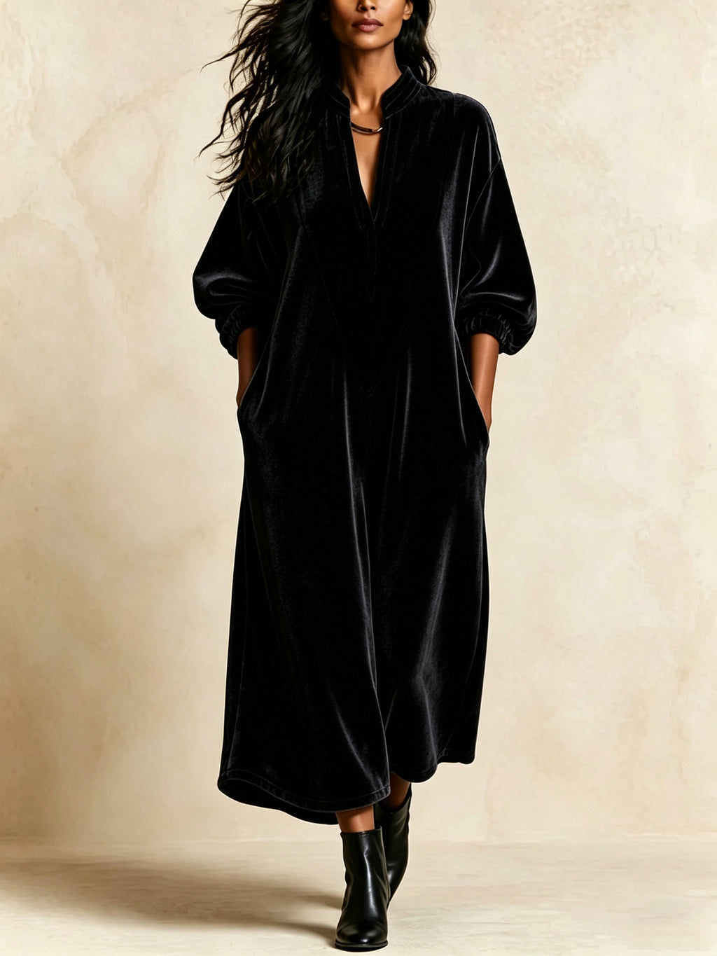 V-Ausschnitt Midi-Kleid mit Puffärmel, schwarz | LuxeStyle