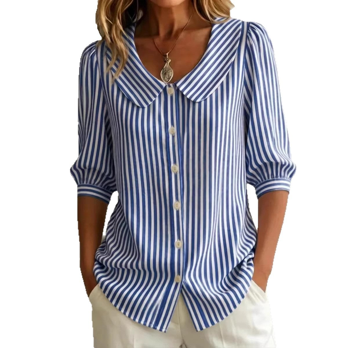 Gestreifte V-Neck Bluse mit 3/4-Ärmeln