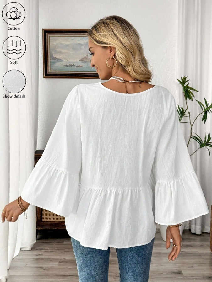 Elegante V-Ausschnitt Bluse mit Rüschenärmeln