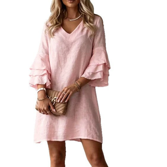 Französisches V-Ausschnitt Kleid mit Rüschenärmeln