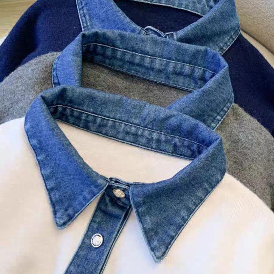Denim-Patchwork Rollkragen-Pullover im Lagenlook
