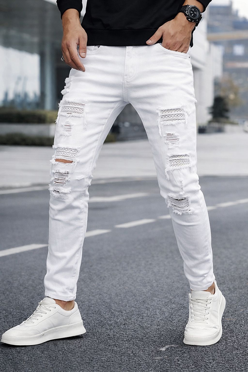 Herren Slim-Fit Jeans mit Perlenstickerei