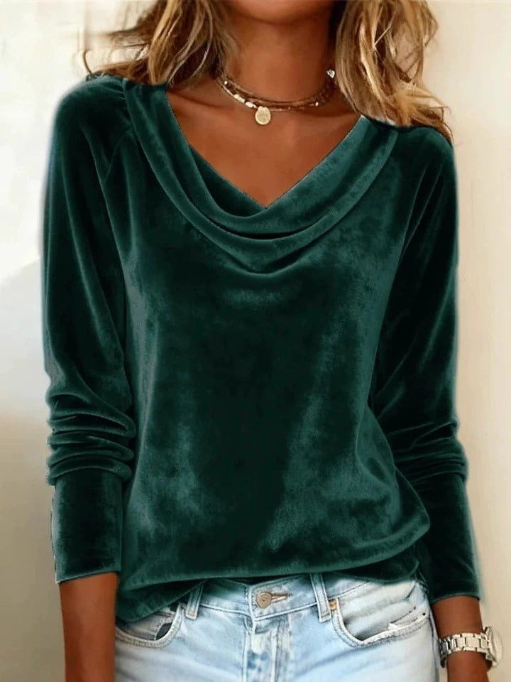 Samt Langarmshirt mit Wasserfallausschnitt – Ansicht 6
