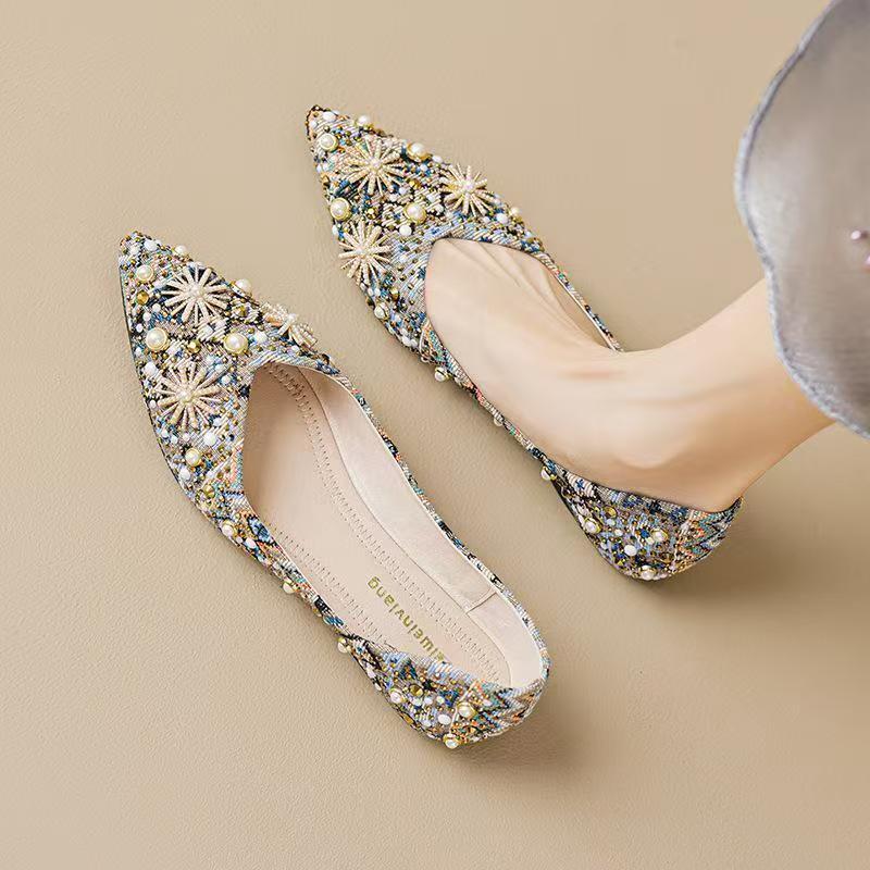 Spitze Flats mit Strass und Metallic-Print