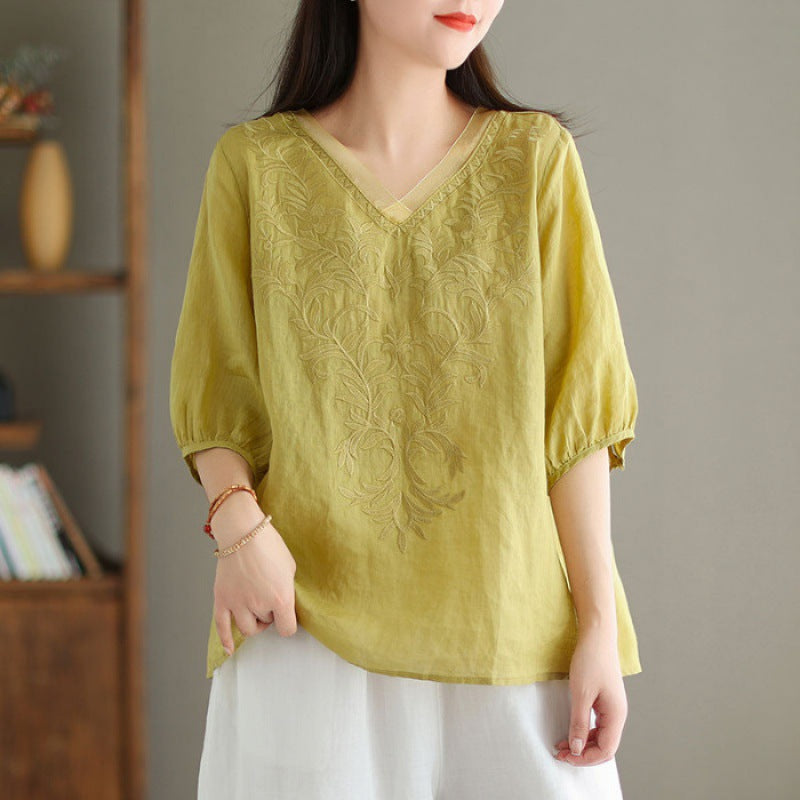 Besticktes Leinen-Baumwoll-Shirt