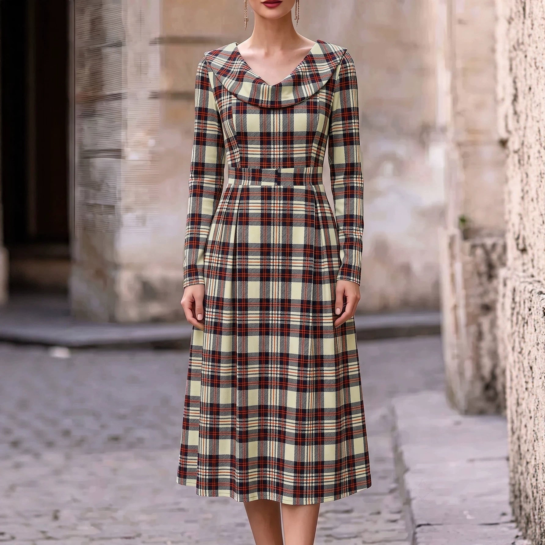 Herbst/Winter Bedrucktes A-Linien Kleid