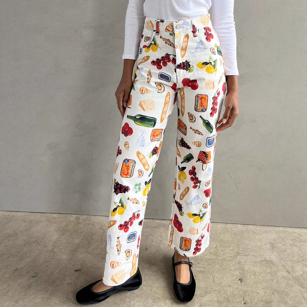 Bedruckte Denim-Hose mit weitem Bein
