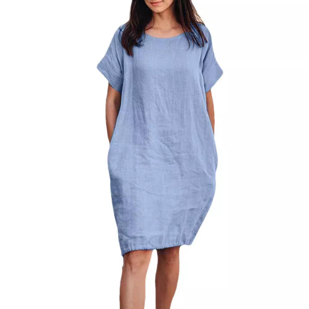 Loose-fit Baumwoll-Leinen Kleid mit kurzen Ärmeln – Bild 3 | LuxeStyle