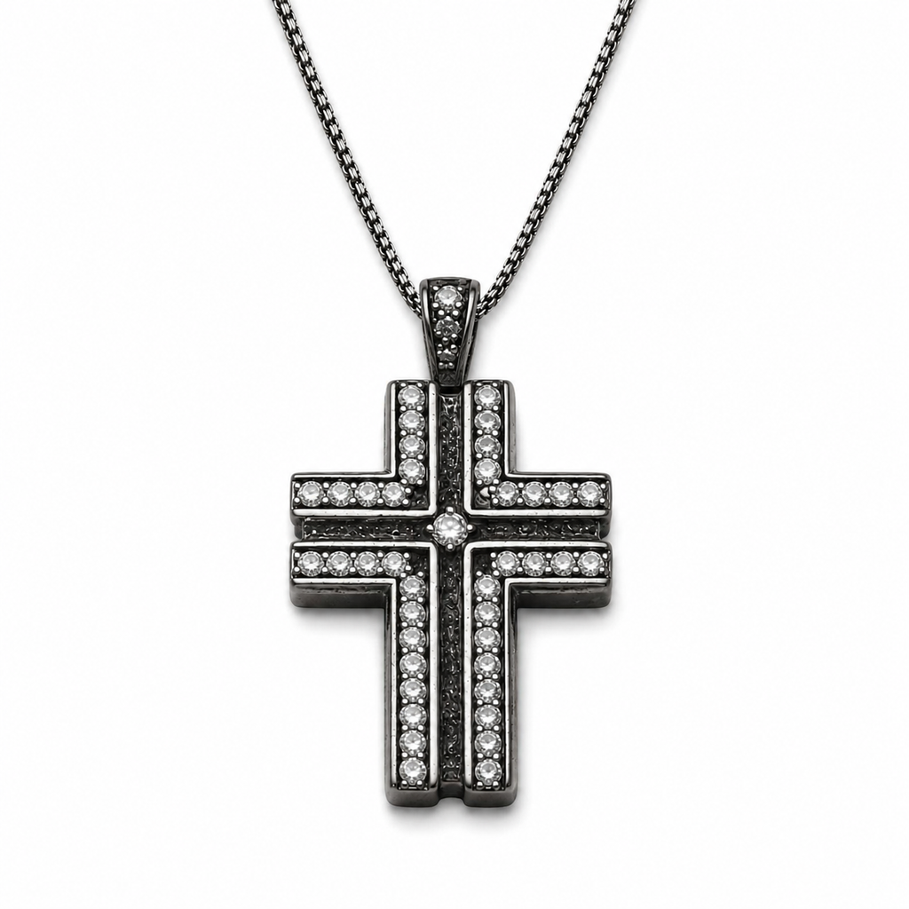Doppellagige Kreuzkette mit Zirkonia, Antik-Schwarz