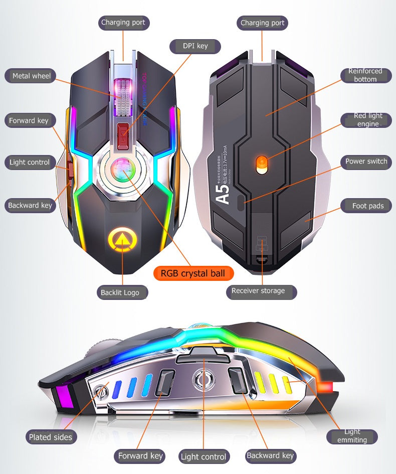 Farbige kabellose Gaming RGB Maus mit Mute-Taste – Bild 3 | LuxeStyle