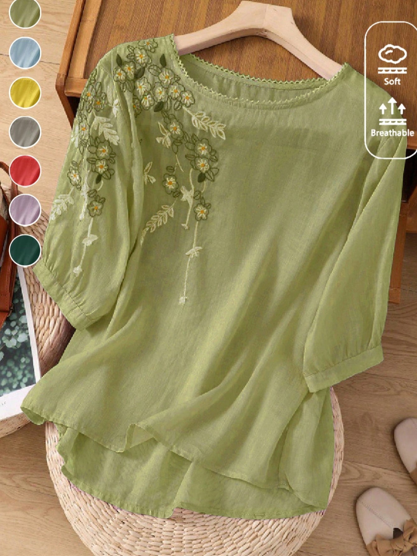 Besticktes Baumwoll-T-Shirt mit Rundhals