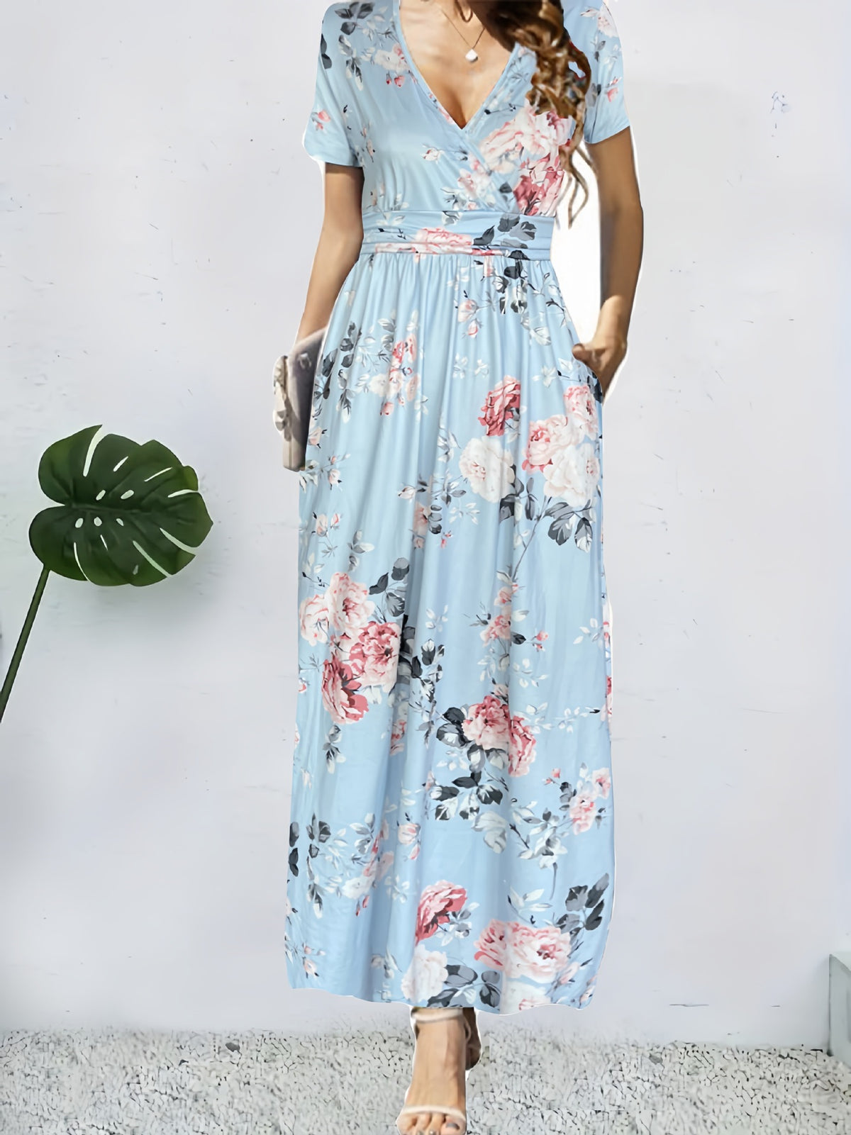 Bedrucktes V-Neck Sommerkleid mit kurzen Ärmeln – Bild 7 | LuxeStyle