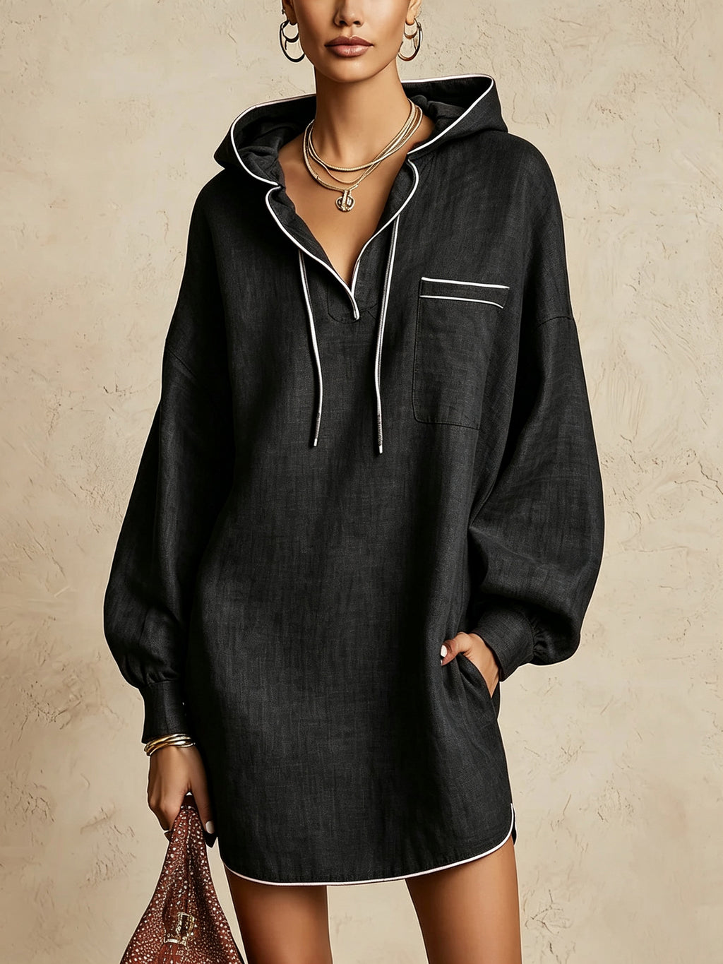 Midi-Kleid mit Kapuze und Kordelzug