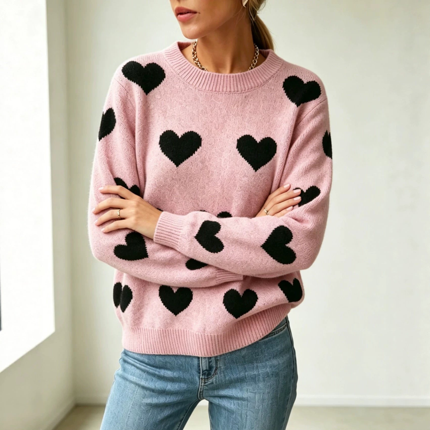 Vielseitiger Langarm-Strickpullover mit Rippenmuster