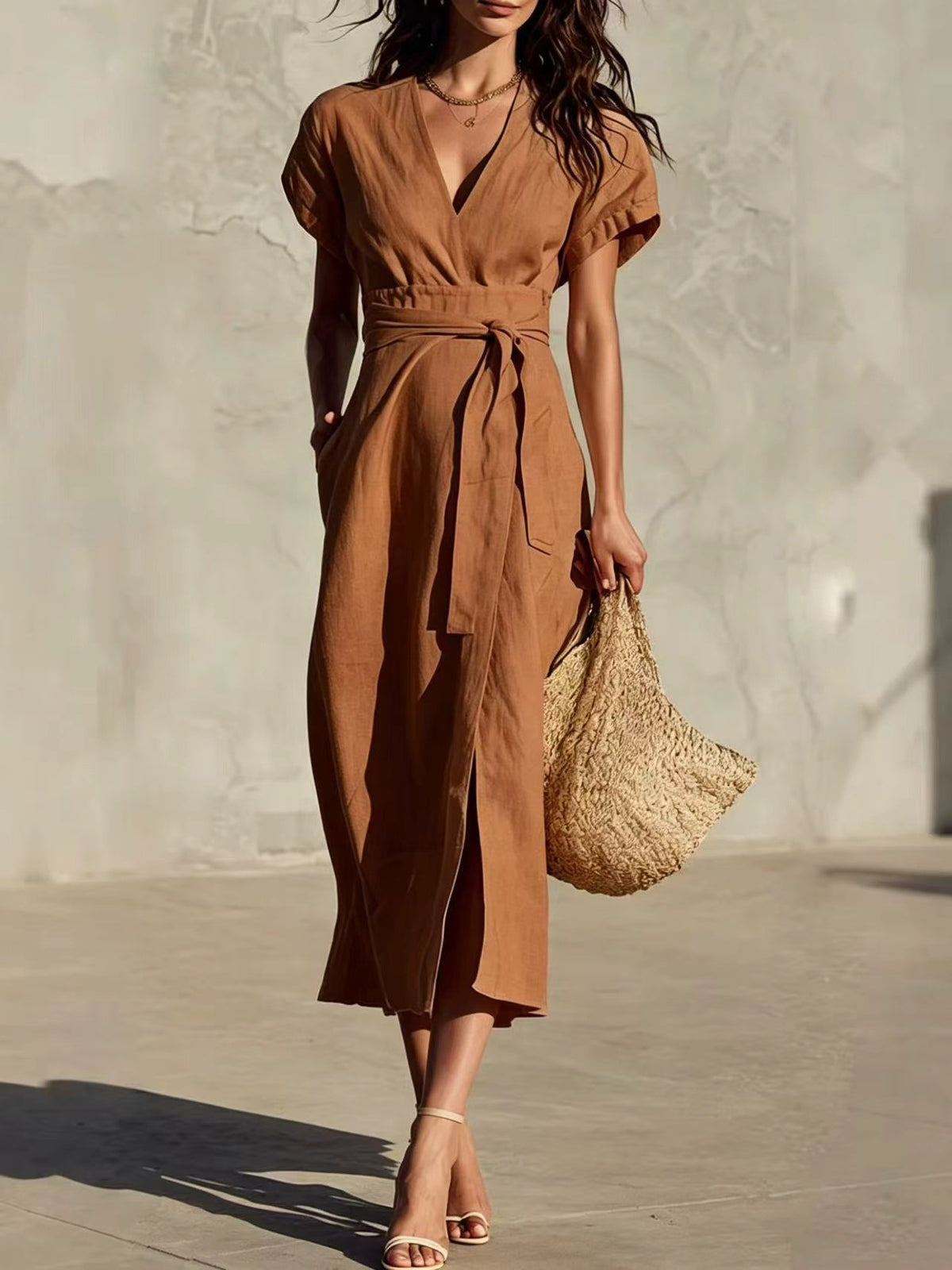 Midi-Kleid mit V-Ausschnitt & Taschen – Bild 10 | LuxeStyle