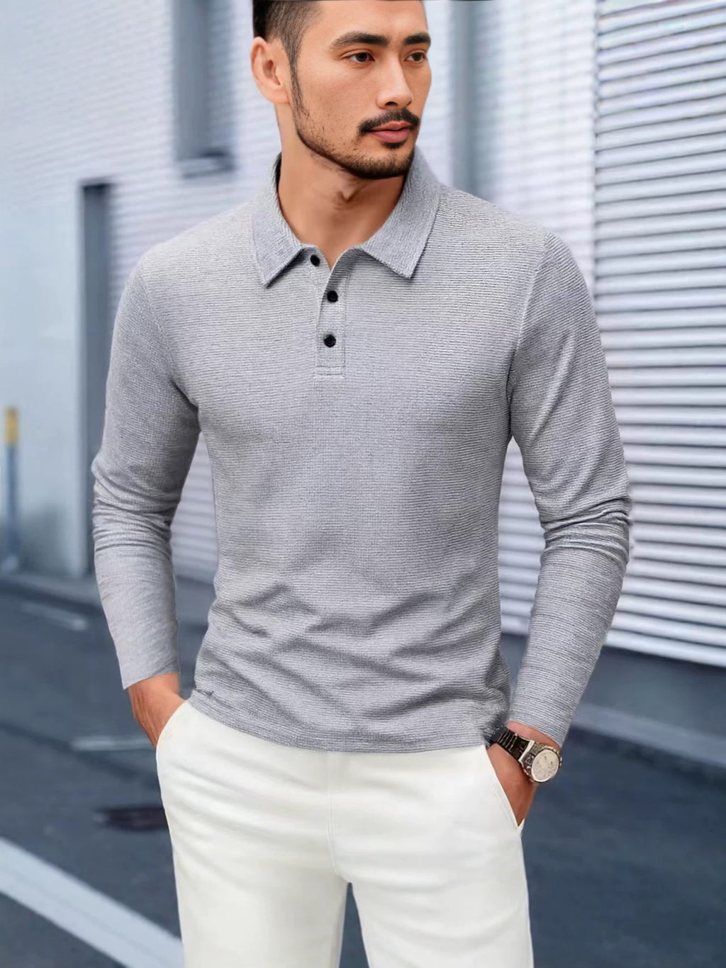 Langärmliges Polo-Shirt in Weiss – Bild 9 | LuxeStyle