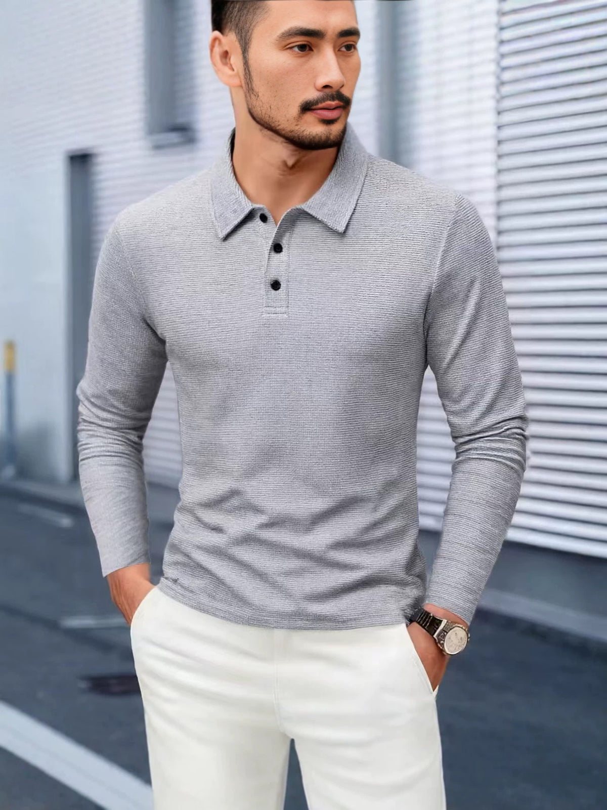 Langärmliges Polo-Shirt in Weiss – Bild 9 | LuxeStyle