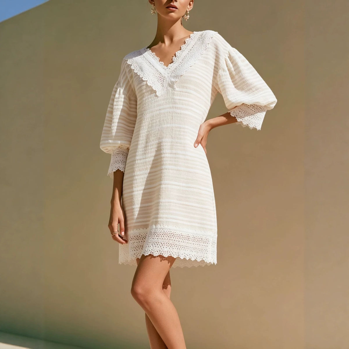 Kleid mit V-Ausschnitt und Puffärmeln – Bild 2 | LuxeStyle