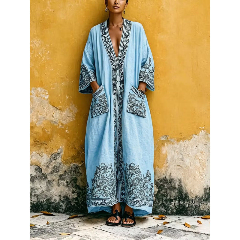 Langes Vintage Leinenkleid mit Print