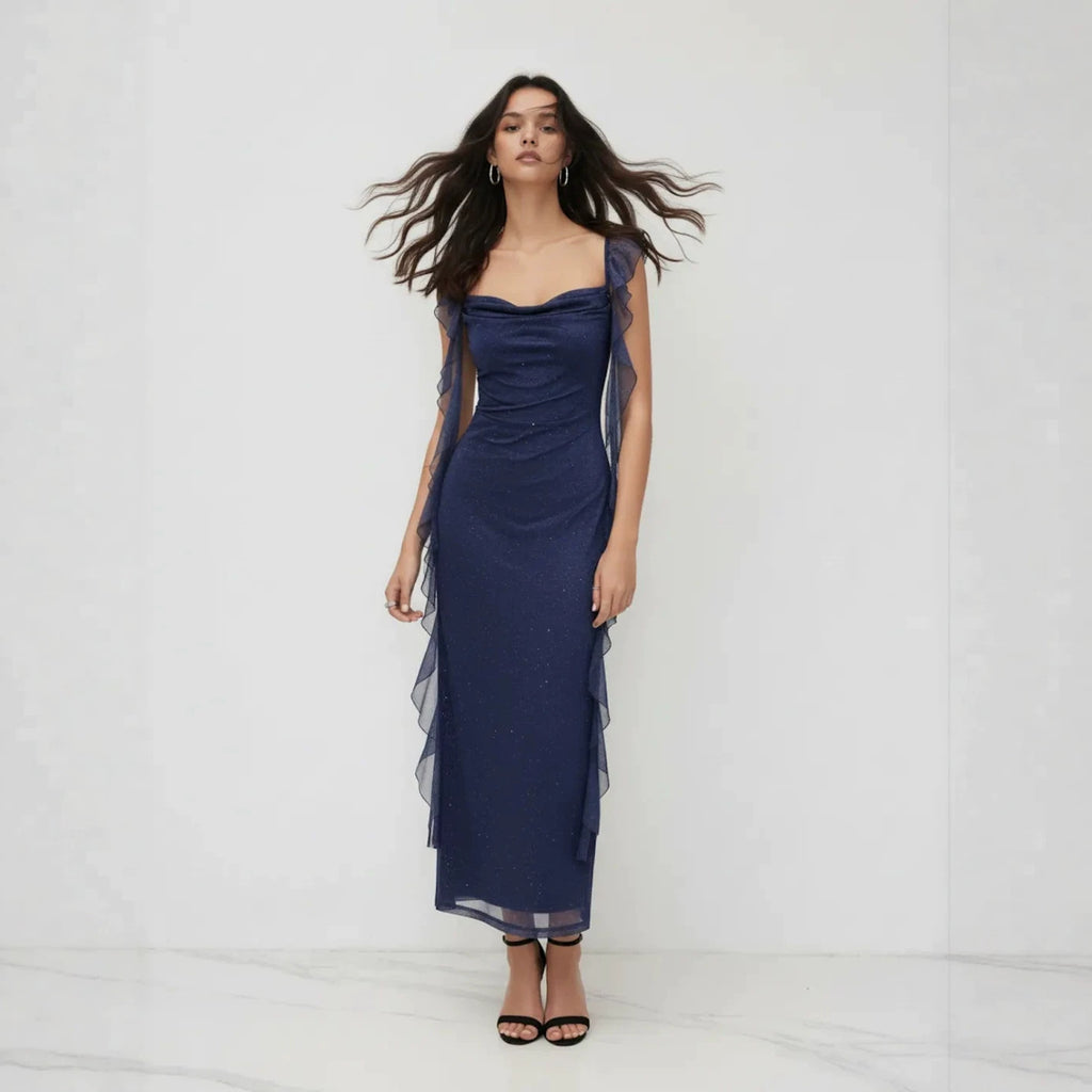 Pailletten Mesh Maxikleid mit Rüschen