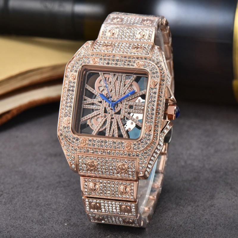 Quadratische Armbanduhr mit Edelstahlarmband und Diamantverzierung
