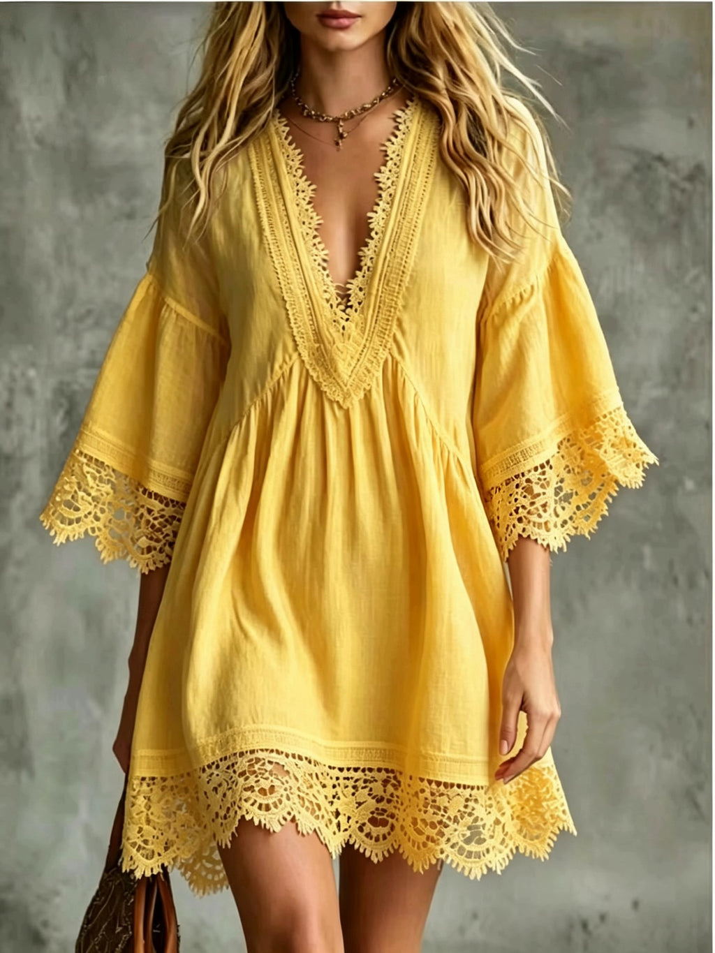 Elegantes Midi-Kleid mit V-Ausschnitt & Spitze
