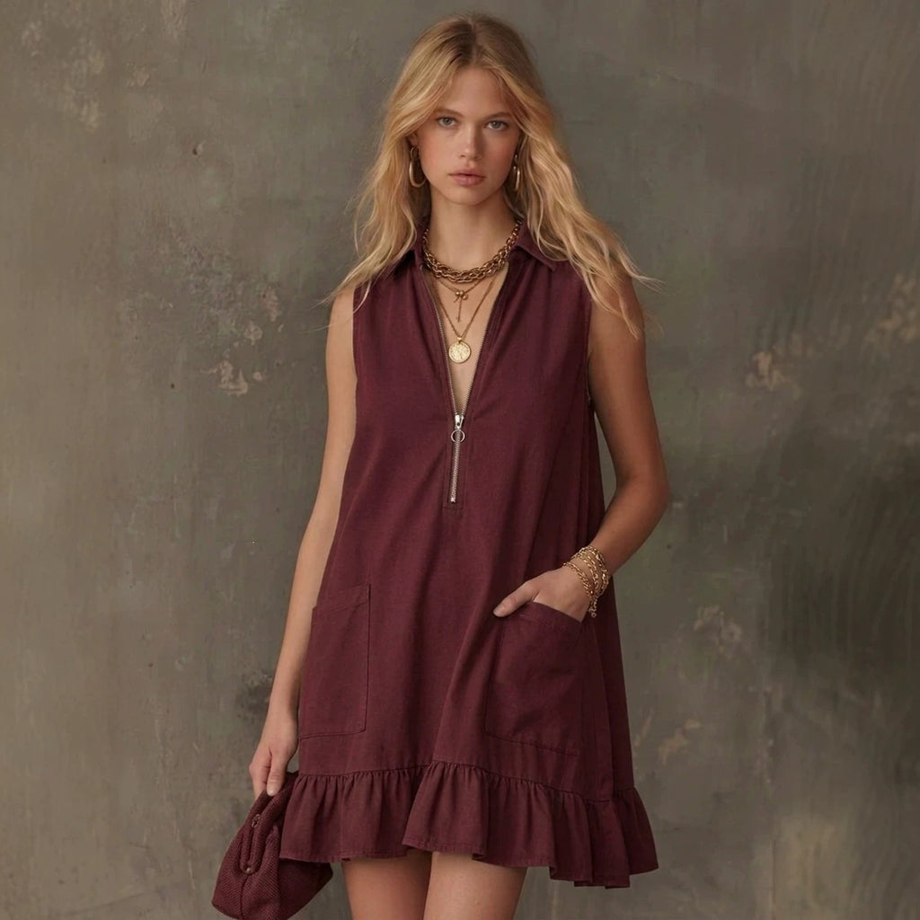 Ärmelloses V-Neck Rüschenkleid mit Taschen – Bild 2 | LuxeStyle