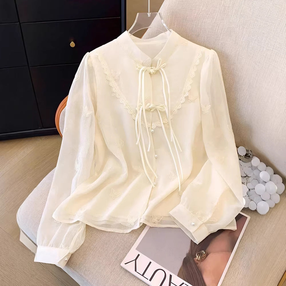 Besticktes Langarm-Shirt mit Stehkragen – Bild 6 | LuxeStyle