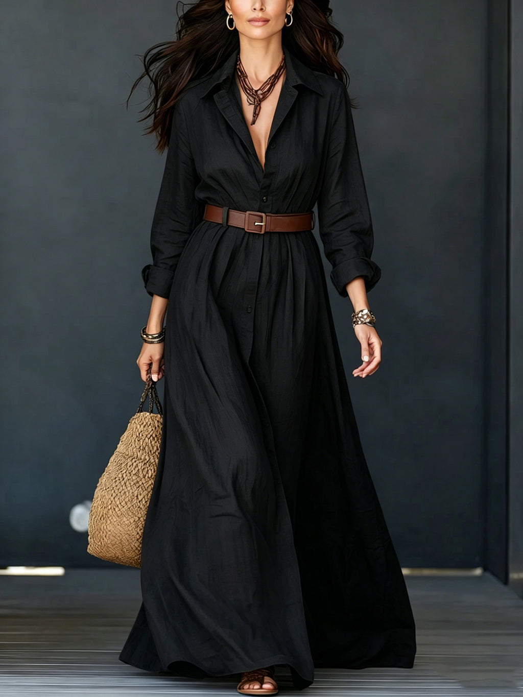 Langarm-Kleid mit Taillengürtel, elegant, lang, für Urlaub