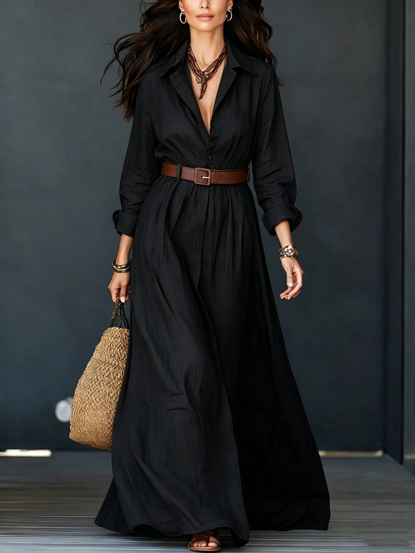 Langarm-Kleid mit Taillengürtel, elegant, lang, für Urlaub