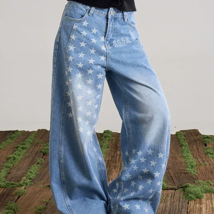 Retro Star-Print Jeans mit weitem Bein – Ansicht 5