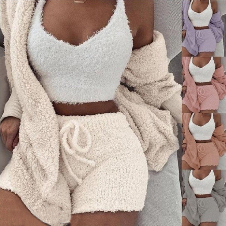 3er-Set Damen-Pyjama mit Langarm-Crop-Top und Bindebund-Shorts